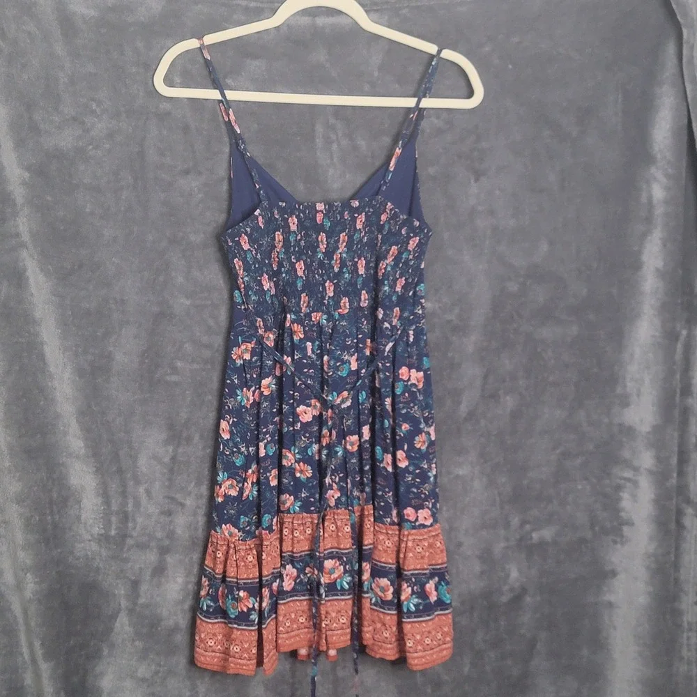 Band of Gypsies Mini Dress Small Navy Blue Floral Tie Front Boho Ruffle Cowgirl - Picture 4 of 10